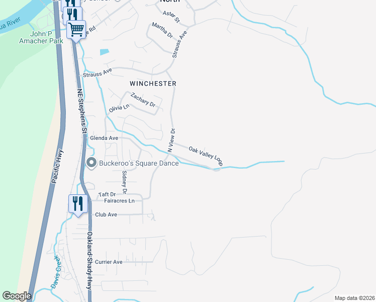 map of restaurants, bars, coffee shops, grocery stores, and more near 175 Oak Valley Loop in Roseburg North