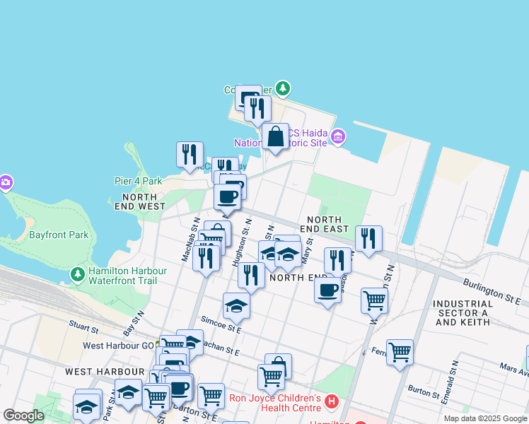 map of restaurants, bars, coffee shops, grocery stores, and more near 48 Burlington Street East in Hamilton