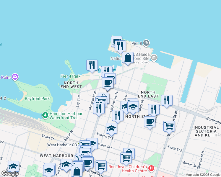 map of restaurants, bars, coffee shops, grocery stores, and more near 574 James Street North in Hamilton