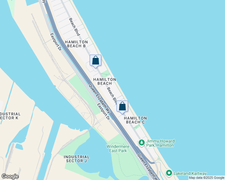 map of restaurants, bars, coffee shops, grocery stores, and more near 337 Beach Boulevard in Hamilton