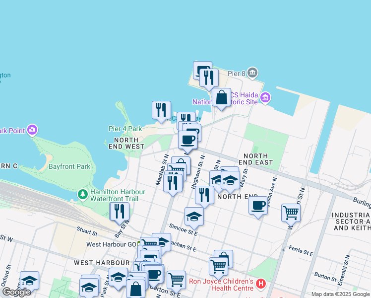 map of restaurants, bars, coffee shops, grocery stores, and more near in Hamilton