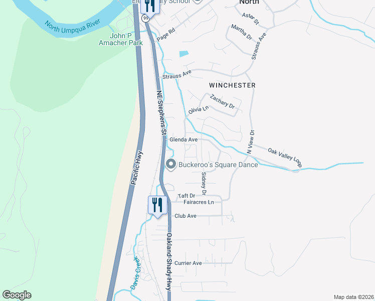 map of restaurants, bars, coffee shops, grocery stores, and more near 409 Northeast Freedom Lane in Roseburg