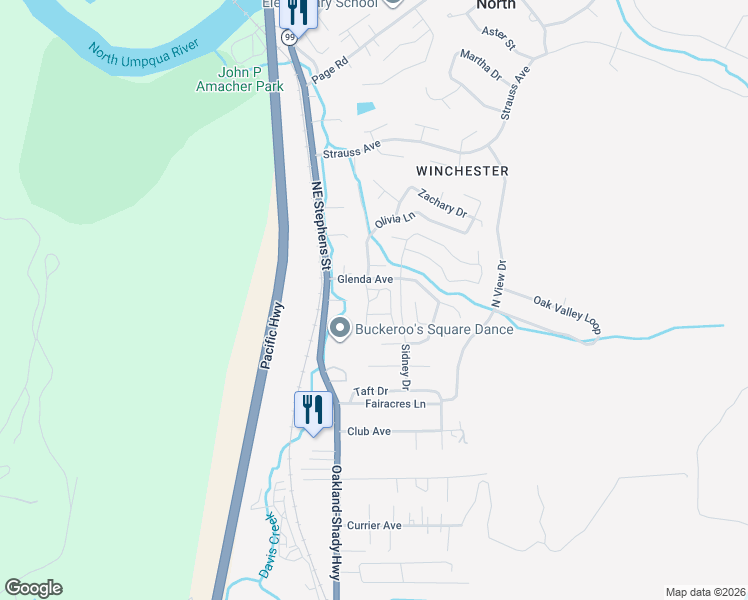 map of restaurants, bars, coffee shops, grocery stores, and more near 409 Northeast Freedom Lane in Roseburg