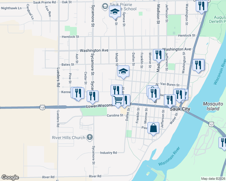map of restaurants, bars, coffee shops, grocery stores, and more near 733 Phillips Boulevard in Sauk City