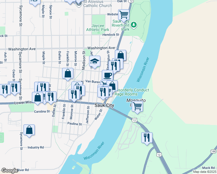 map of restaurants, bars, coffee shops, grocery stores, and more near 717 Water Street in Sauk City