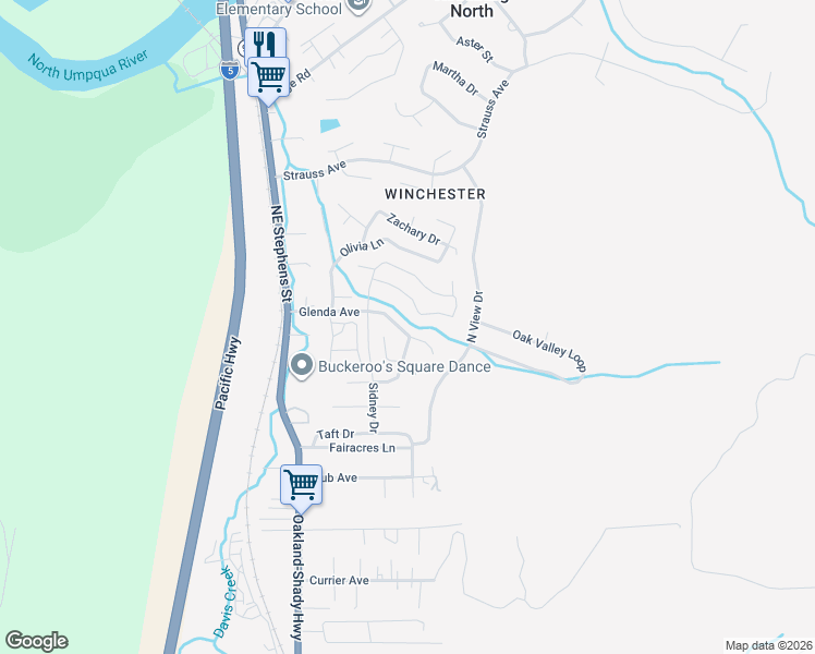 map of restaurants, bars, coffee shops, grocery stores, and more near 121 Northeast Fescue Lane in Roseburg