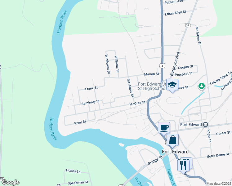 map of restaurants, bars, coffee shops, grocery stores, and more near 26 Seminary Street in Fort Edward