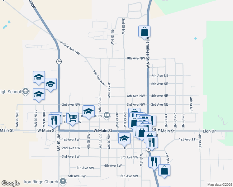 map of restaurants, bars, coffee shops, grocery stores, and more near 200-398 5th Ave NW in Waukon