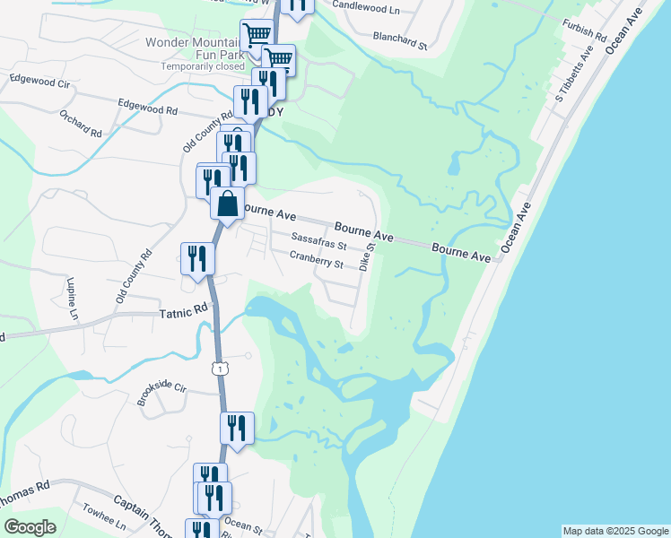 map of restaurants, bars, coffee shops, grocery stores, and more near 83 Sassafras Street in Wells