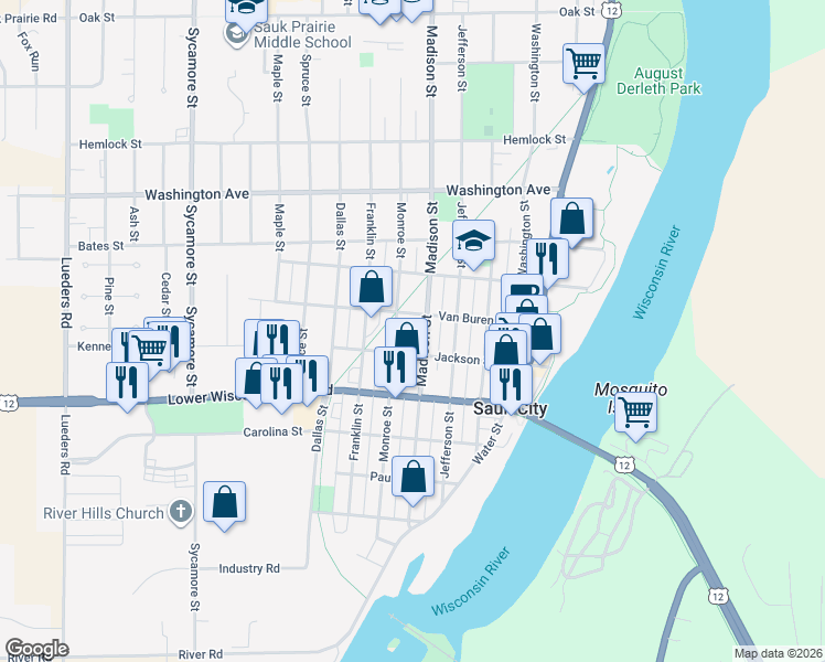map of restaurants, bars, coffee shops, grocery stores, and more near 505 Van Buren Street in Sauk City