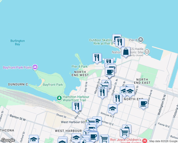 map of restaurants, bars, coffee shops, grocery stores, and more near Leander Drive in Hamilton