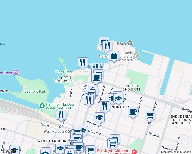 map of restaurants, bars, coffee shops, grocery stores, and more near 66 Guise Street West in Hamilton