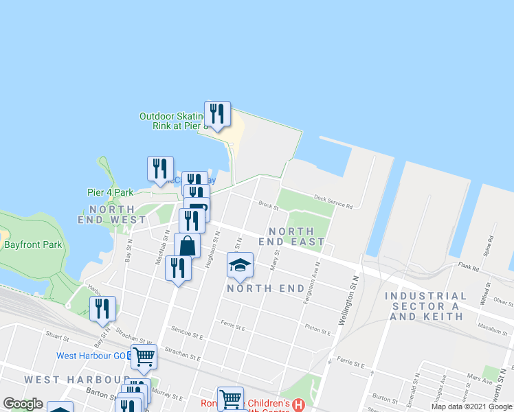 map of restaurants, bars, coffee shops, grocery stores, and more near 36 Brock Street in Hamilton