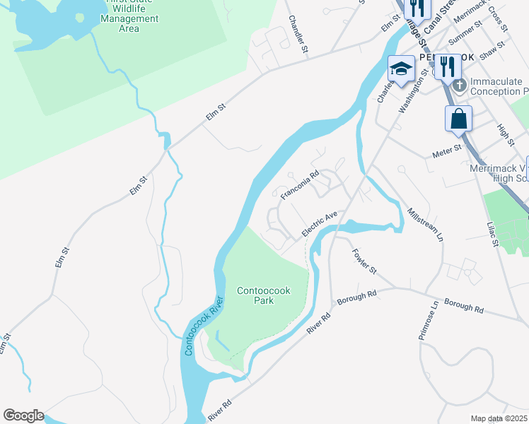 map of restaurants, bars, coffee shops, grocery stores, and more near 68 Great Falls Drive in Concord