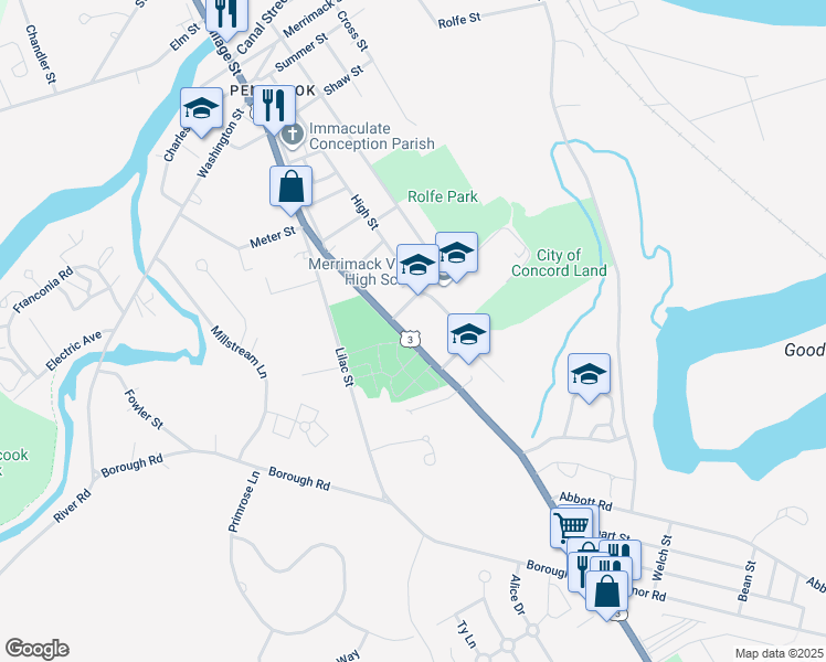 map of restaurants, bars, coffee shops, grocery stores, and more near 126 Village Street in Concord