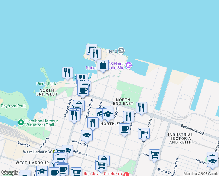 map of restaurants, bars, coffee shops, grocery stores, and more near 38 Brock Street in Hamilton