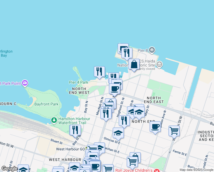 map of restaurants, bars, coffee shops, grocery stores, and more near 66 Guise Street West in Hamilton