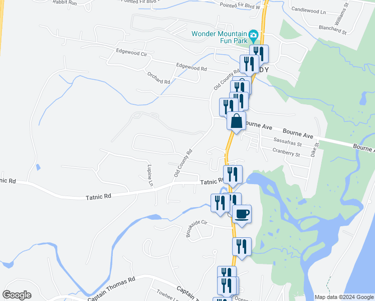 map of restaurants, bars, coffee shops, grocery stores, and more near 1 Old County Road in Wells