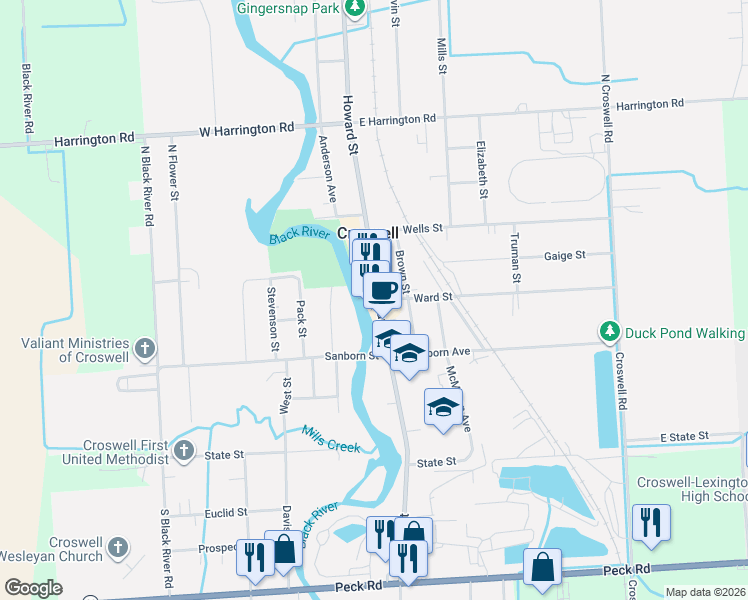 map of restaurants, bars, coffee shops, grocery stores, and more near 37 North Howard Avenue in Croswell