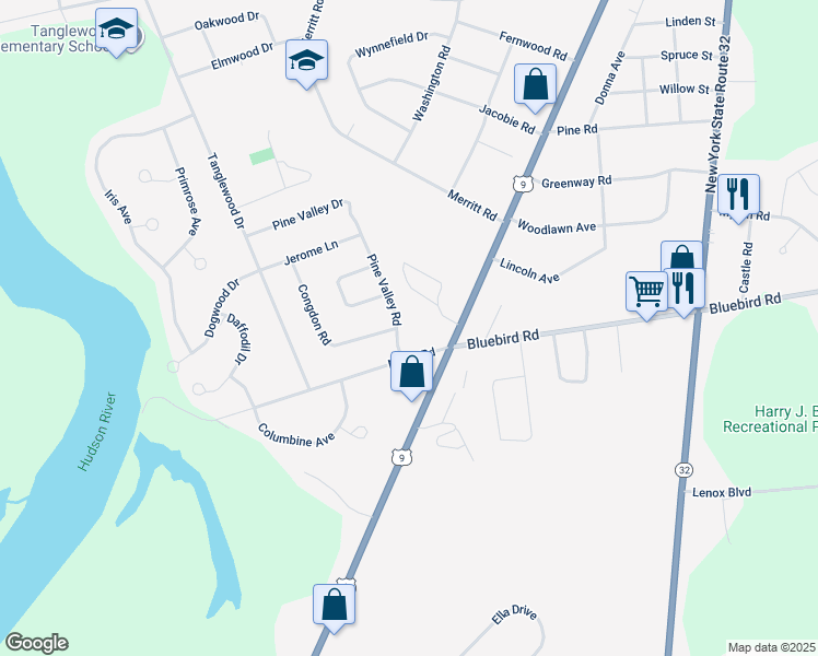 map of restaurants, bars, coffee shops, grocery stores, and more near 1 Pine Valley Drive in South Glens Falls