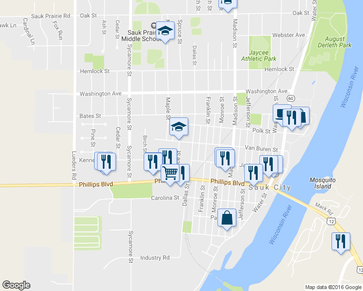 map of restaurants, bars, coffee shops, grocery stores, and more near 812 Van Buren Street in Sauk City