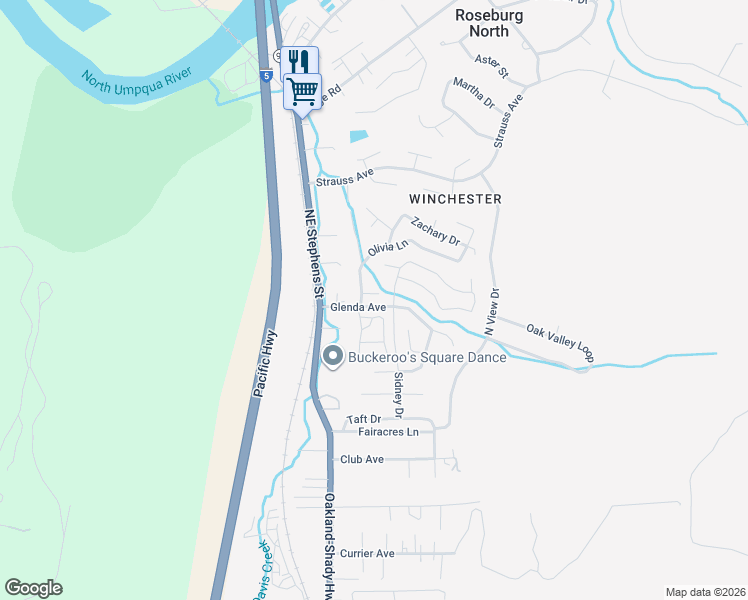 map of restaurants, bars, coffee shops, grocery stores, and more near 218 Northeast Butte Creek Lane in Roseburg