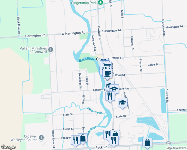 map of restaurants, bars, coffee shops, grocery stores, and more near 33 Nims Street in Croswell
