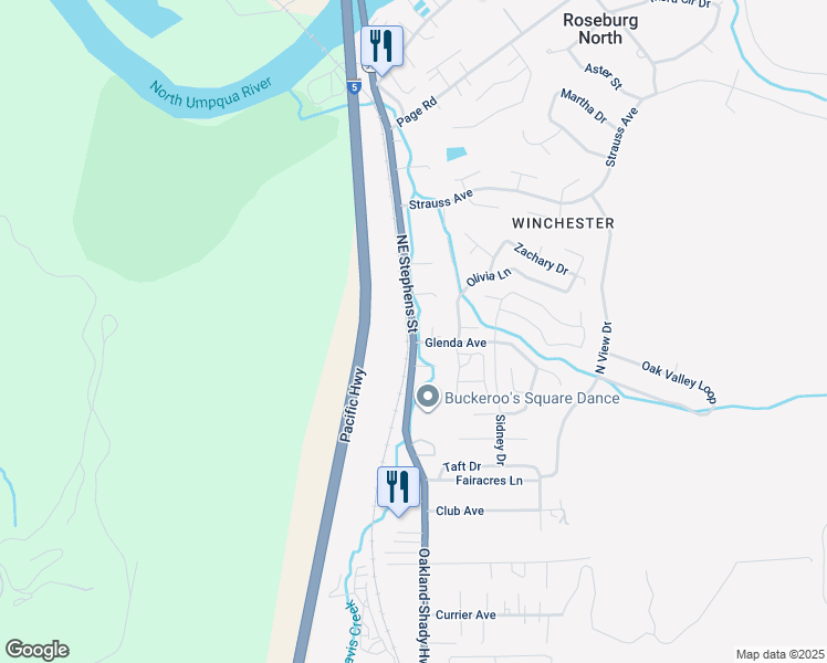 map of restaurants, bars, coffee shops, grocery stores, and more near Northeast Stephens Street in Roseburg