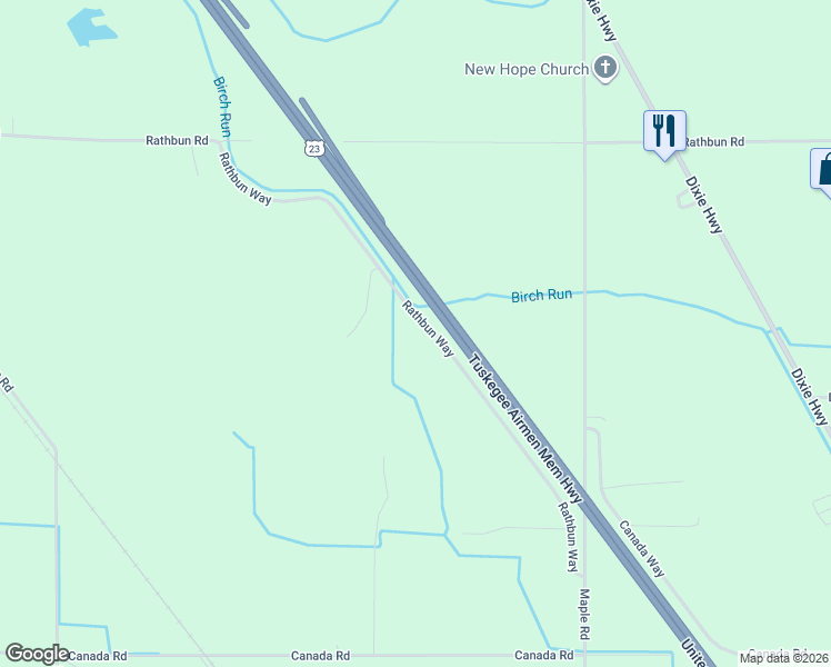 map of restaurants, bars, coffee shops, grocery stores, and more near 10380 Rathbun Way in Birch Run