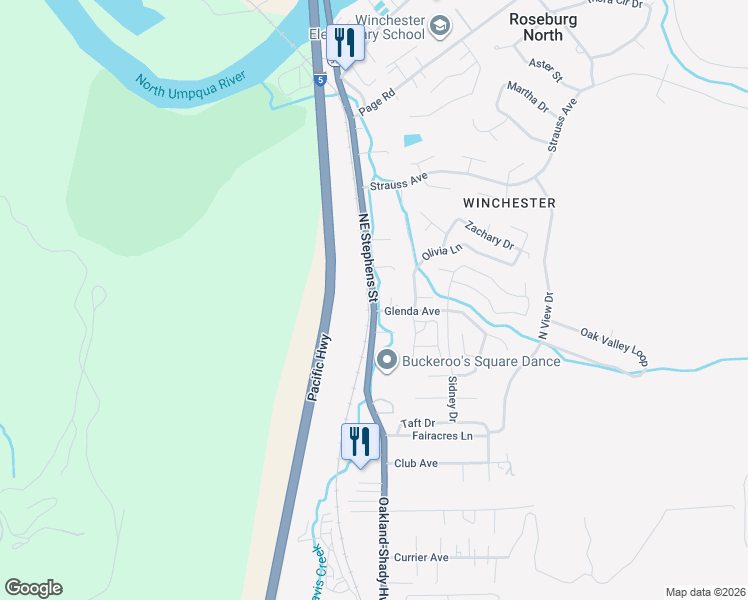 map of restaurants, bars, coffee shops, grocery stores, and more near 5222 Northeast Stephens Street in Roseburg
