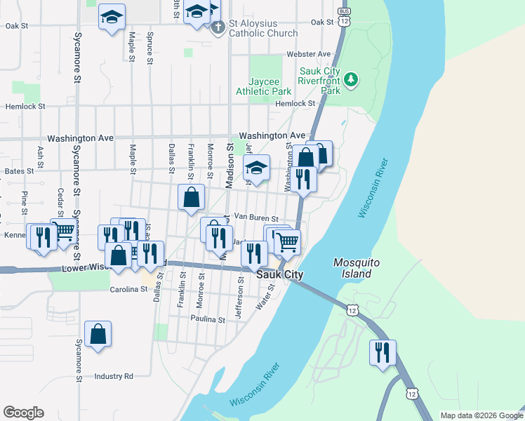 map of restaurants, bars, coffee shops, grocery stores, and more near 209 Van Buren Street in Sauk City