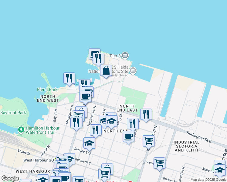 map of restaurants, bars, coffee shops, grocery stores, and more near in Hamilton