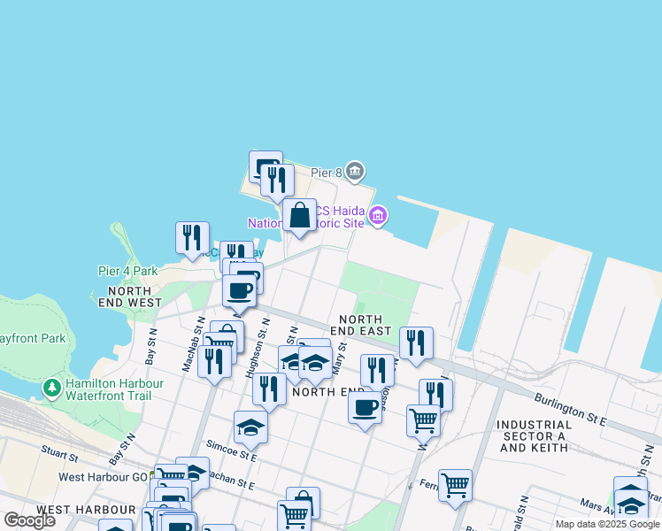 map of restaurants, bars, coffee shops, grocery stores, and more near 35 Brock Street in Hamilton