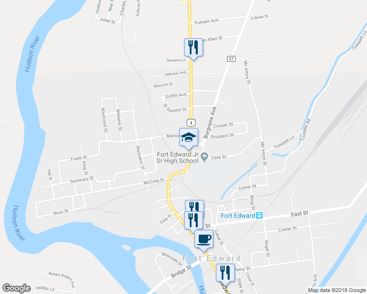 map of restaurants, bars, coffee shops, grocery stores, and more near 227 Broadway in Fort Edward