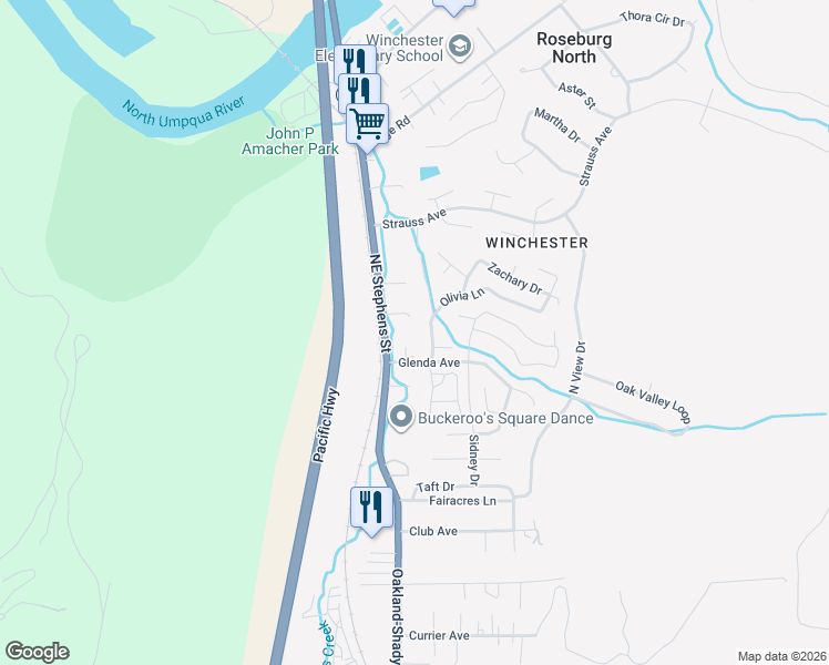 map of restaurants, bars, coffee shops, grocery stores, and more near 5267 Northeast Stephens Street in Roseburg North