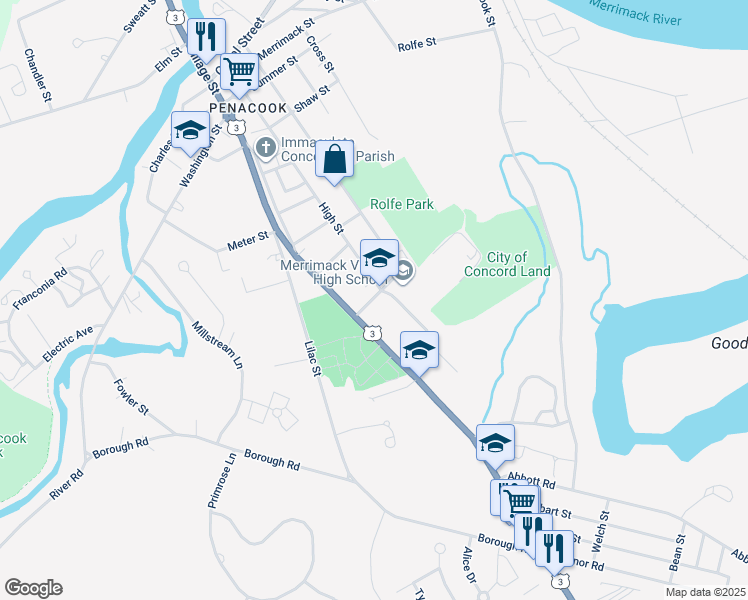 map of restaurants, bars, coffee shops, grocery stores, and more near 126 Village Street in Concord