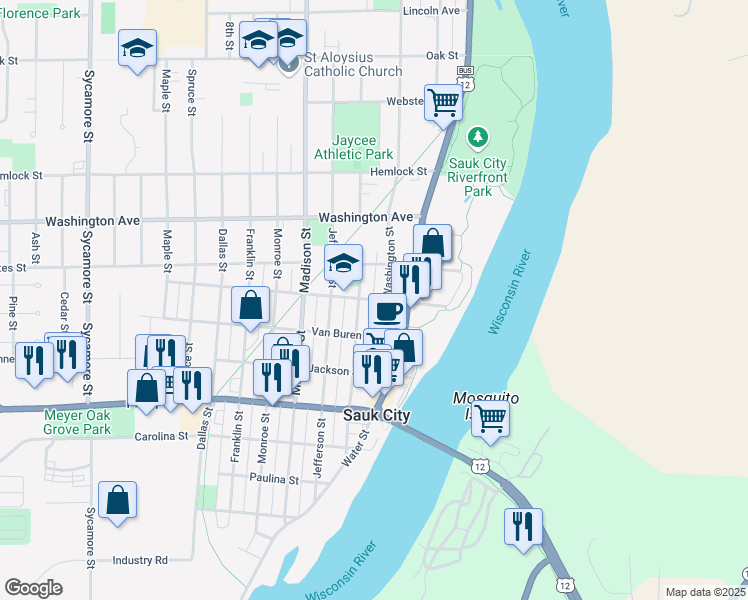 map of restaurants, bars, coffee shops, grocery stores, and more near 309 Polk Street in Sauk City
