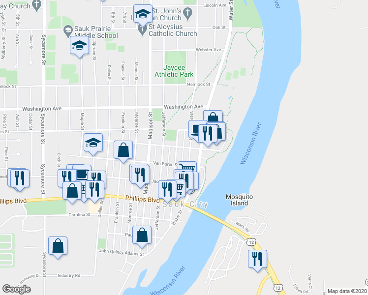 map of restaurants, bars, coffee shops, grocery stores, and more near 309 Polk Street in Sauk City