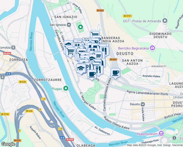 map of restaurants, bars, coffee shops, grocery stores, and more near Avenida Lehendakari Aguirre in Bilbao