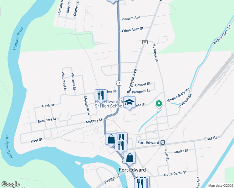 map of restaurants, bars, coffee shops, grocery stores, and more near 233 Broadway in Fort Edward