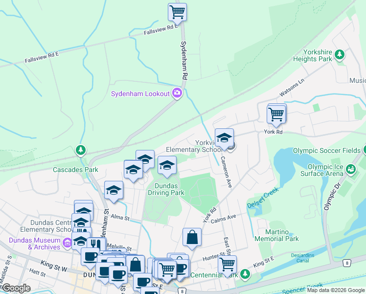 map of restaurants, bars, coffee shops, grocery stores, and more near 26 McKay Court in Hamilton
