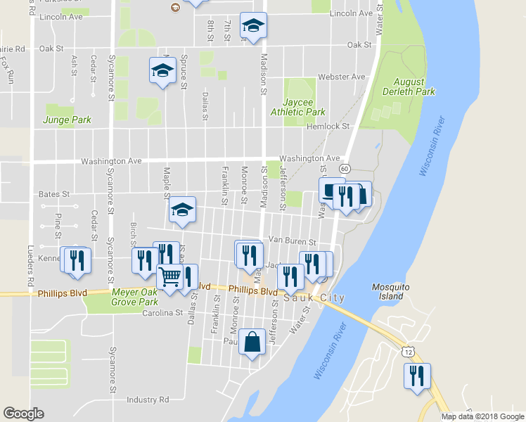 map of restaurants, bars, coffee shops, grocery stores, and more near 589 Madison Street in Sauk City