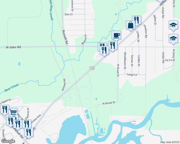 map of restaurants, bars, coffee shops, grocery stores, and more near 1222 Holton Road in Muskegon