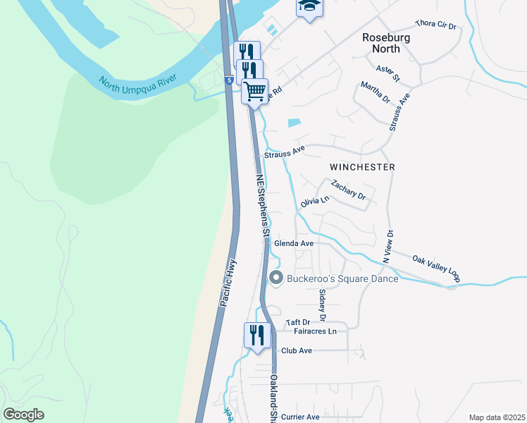 map of restaurants, bars, coffee shops, grocery stores, and more near 5311 Northeast Stephens Street in Roseburg North