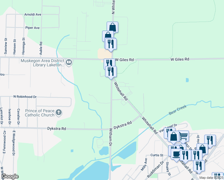 map of restaurants, bars, coffee shops, grocery stores, and more near 1231 Witham Drive in Muskegon
