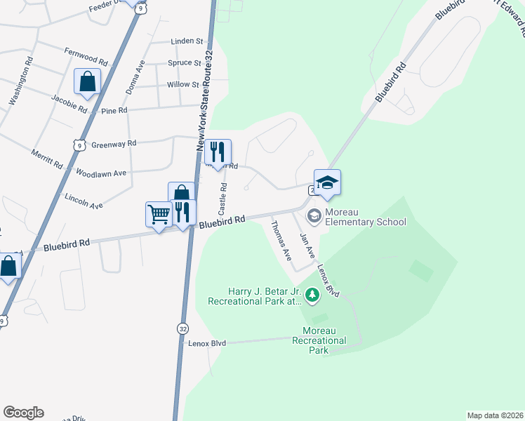 map of restaurants, bars, coffee shops, grocery stores, and more near 61 Bluebird Road in South Glens Falls