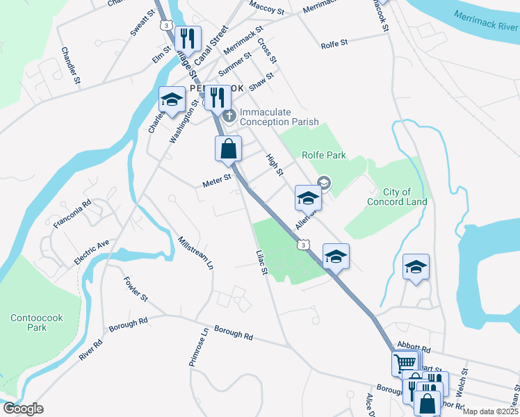 map of restaurants, bars, coffee shops, grocery stores, and more near 159 Village Street in Concord