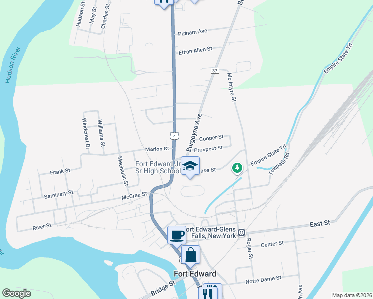 map of restaurants, bars, coffee shops, grocery stores, and more near 13 Burgoyne Avenue in Fort Edward