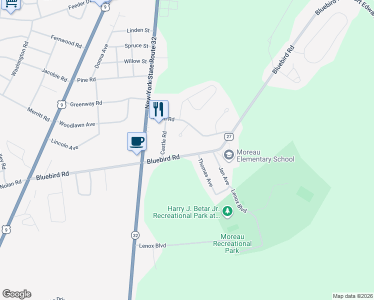 map of restaurants, bars, coffee shops, grocery stores, and more near 61 Bluebird Road in South Glens Falls