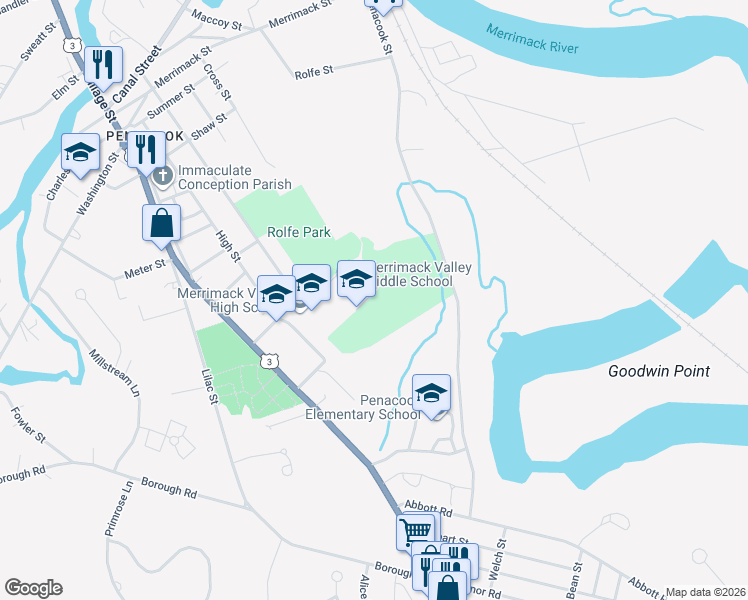 map of restaurants, bars, coffee shops, grocery stores, and more near 106 Village Street in Concord